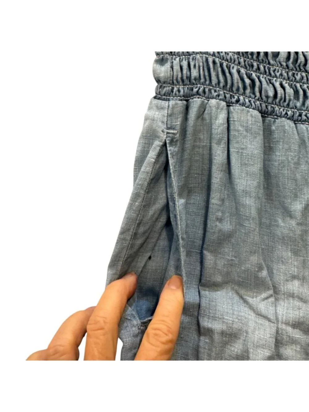 Wide-Leg Linen Women's Pants M Smocked Waist Pull-On Boho Lightly Faded Blue - Picture 5 of 12